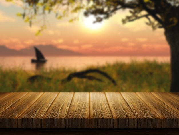 Wooden table with a defocussed image of a boat on a lake