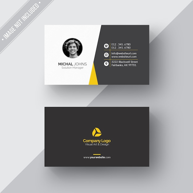 Black and white business card with yellow details