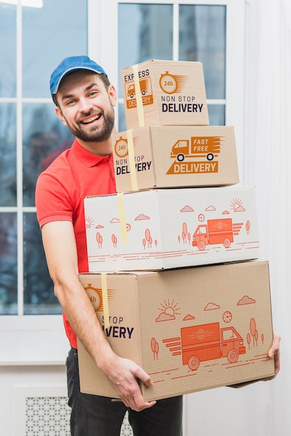 Delivery mockup with man holding boxes
