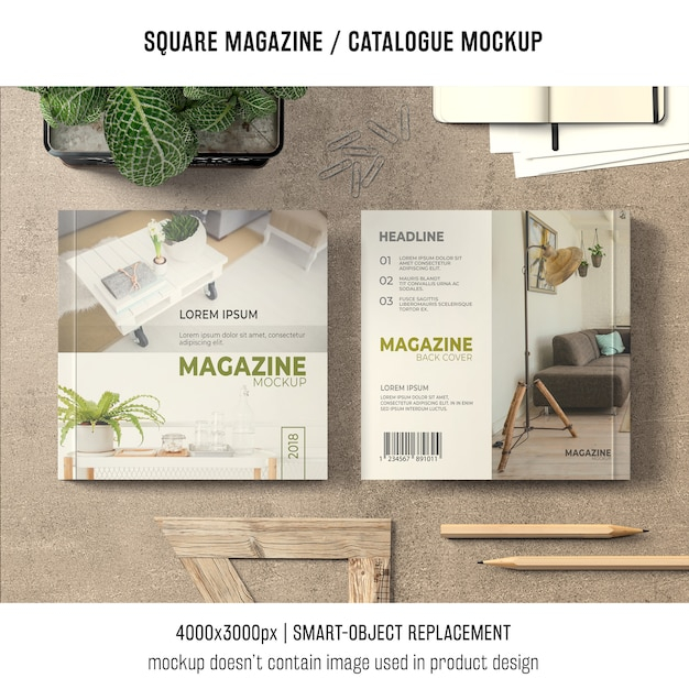 square magazine or catalogue mockup on table