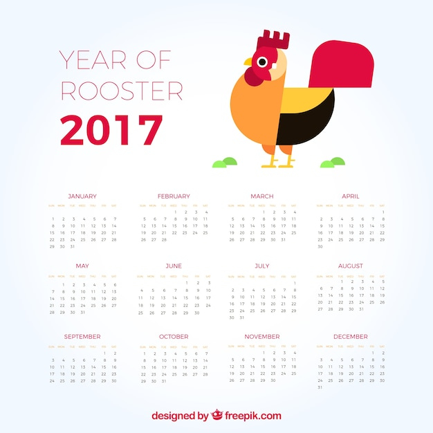 2017 calendar with rooster in flat design