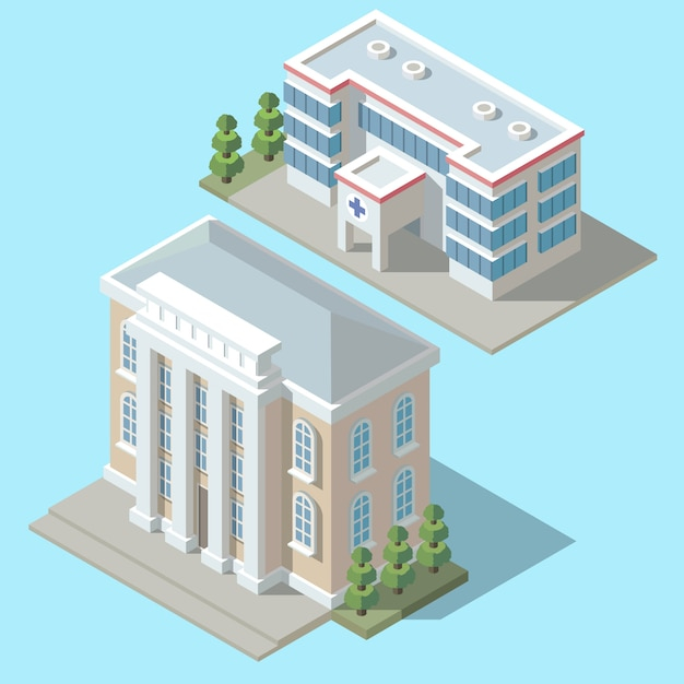 3d isometric hospital, ambulance building with green trees. Cartoon clinic exterior