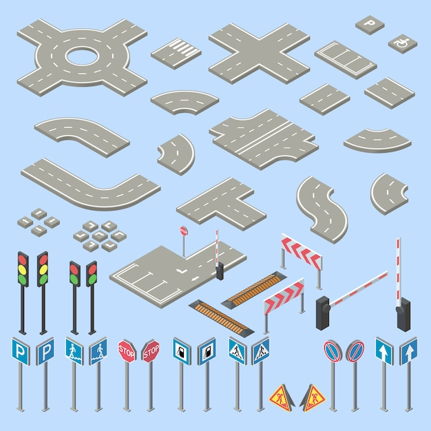 3d isometric road signs collection, pieces of street, highway