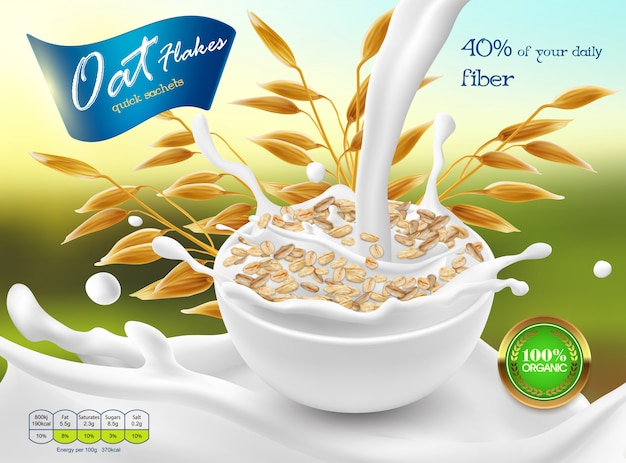 3d realistic promo poster, banner of oat flakes. Cereal ears, grains with white bowl 