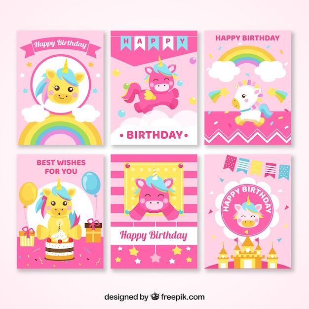 6 pink birthday cards with unicorns