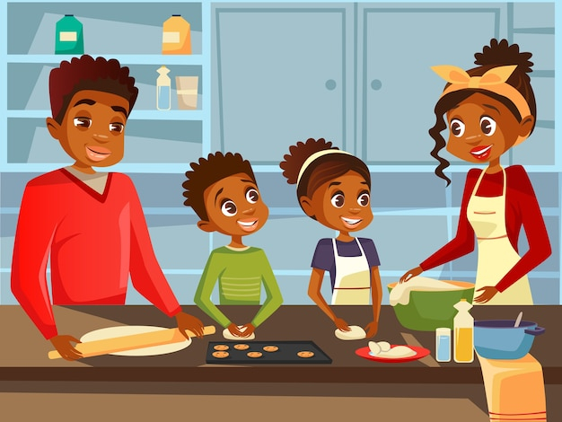 Afro American black family together preparing food meal at kitchen 
