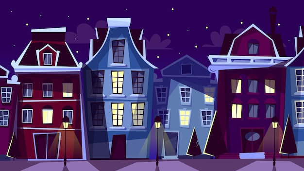 Amsterdam cityscape illustration. Cartoon Amsterdam night streets and houses
