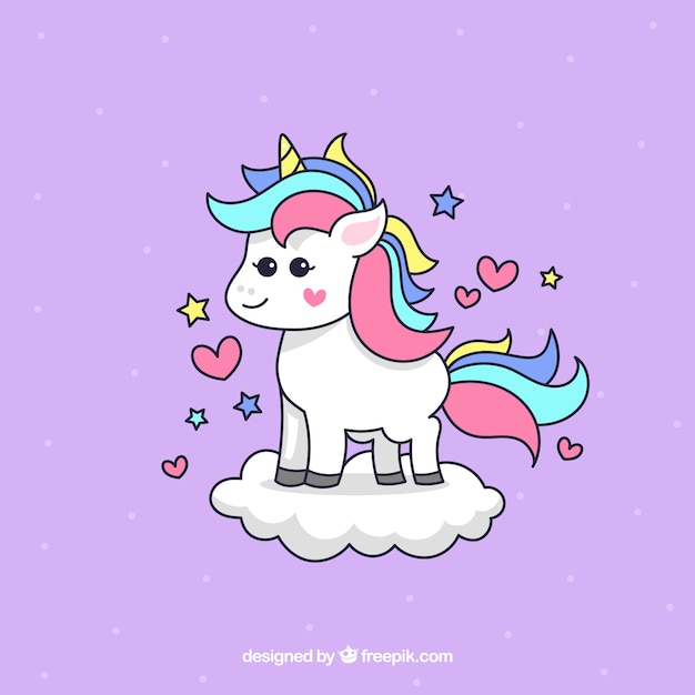 Background of lovely hand drawn unicorn on a cloud