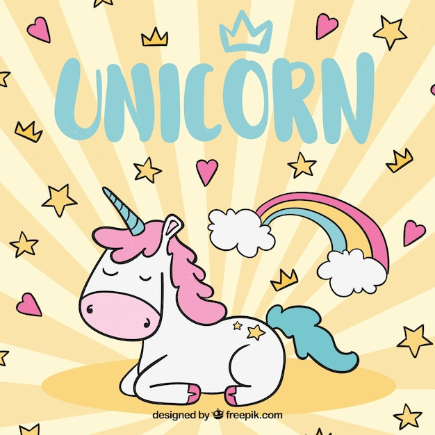 Background with stars and hearts with hand drawn unicorn