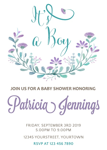 Beautiful baby shower invitation with watercolor flowers