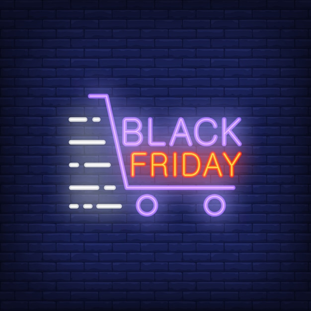 Black Friday neon sign with shopping trolley in motion. Night bright advertisement