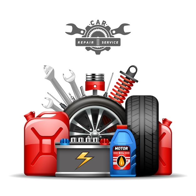 Car service center advertisement composition poster with wheels tires oil and gas canister 