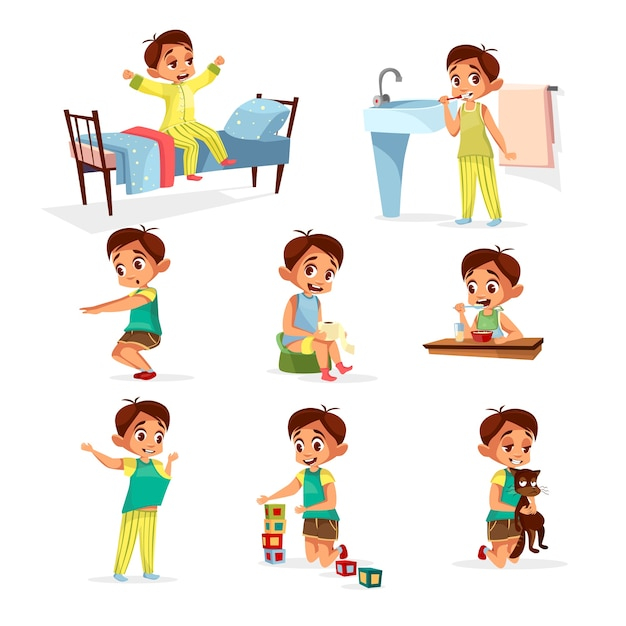 Cartoon boy daily routine activity set. Male character wake up, stretch, brushing teeth