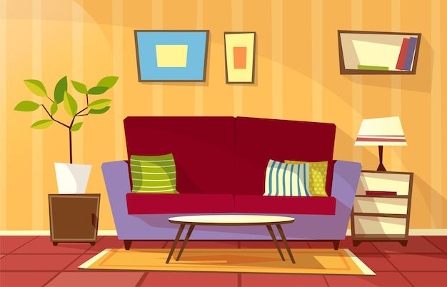 Cartoon living room interior background template. Cozy house apartment concept.
