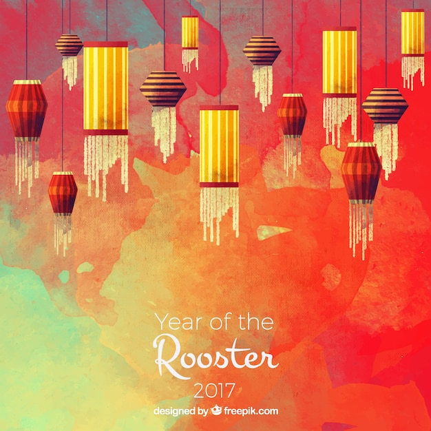 Chinese new year watercolor background with decorative lanterns