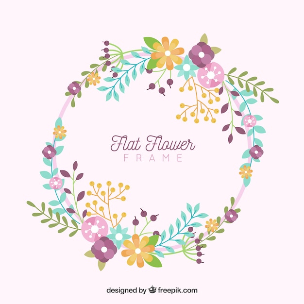 Circular floral frame with flat design
