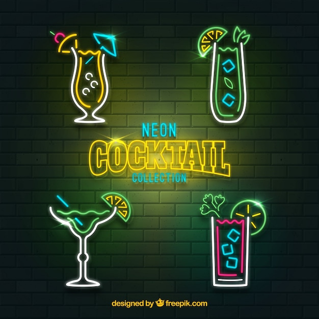 Cocktail collection with neon lights style