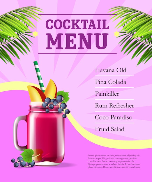 Cocktail menu poster. Fruit smoothie and palm leaves on pink background with rays
