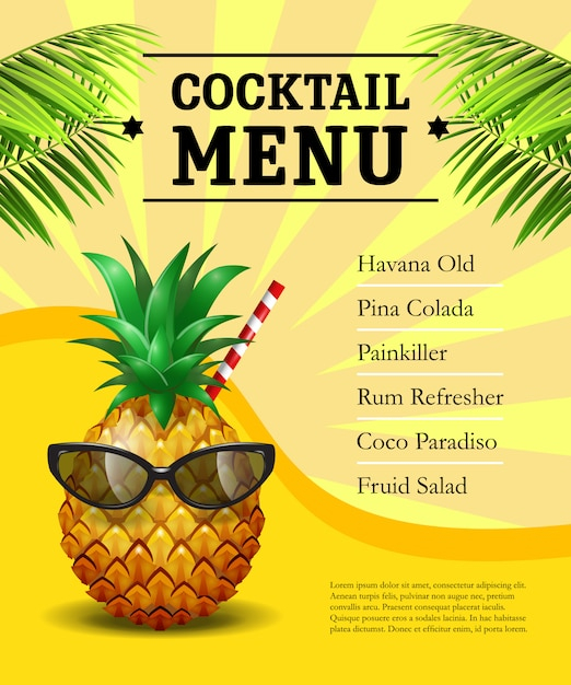 Cocktail menu poster. Pineapple in sunglasses and drinking straw 