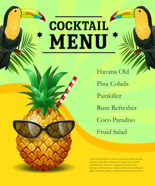 Cocktail menu poster template. Pineapple in sunglasses, toucans, palm leaves 
