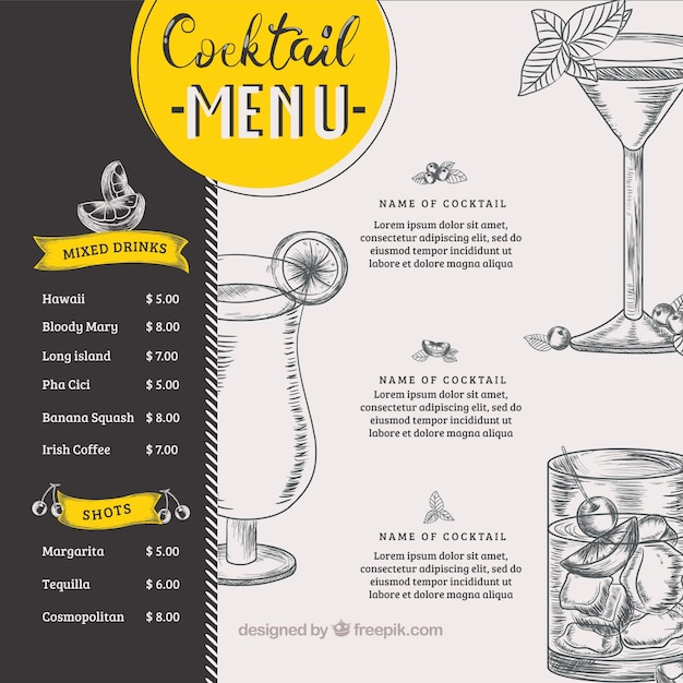 Cocktail menu template in hand drawn style