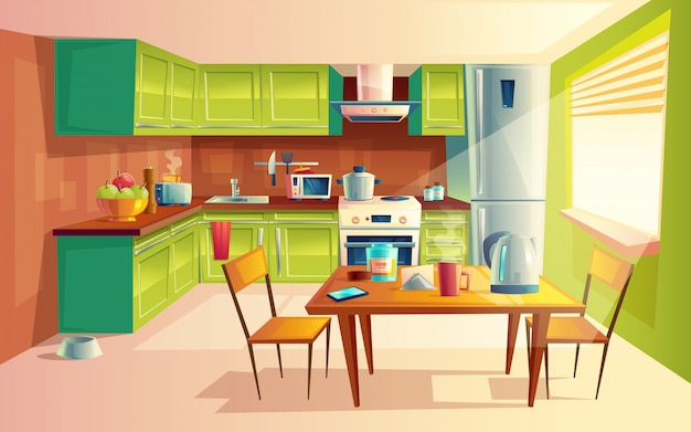 Cozy modern kitchen with appliances, fridge, stove, toaster, microwave.