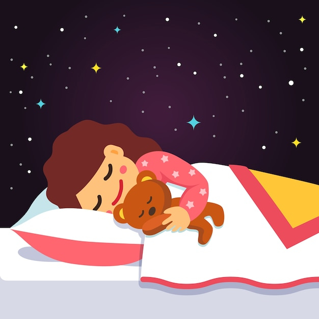 Cute sleeping and dreaming girl with teddy bear