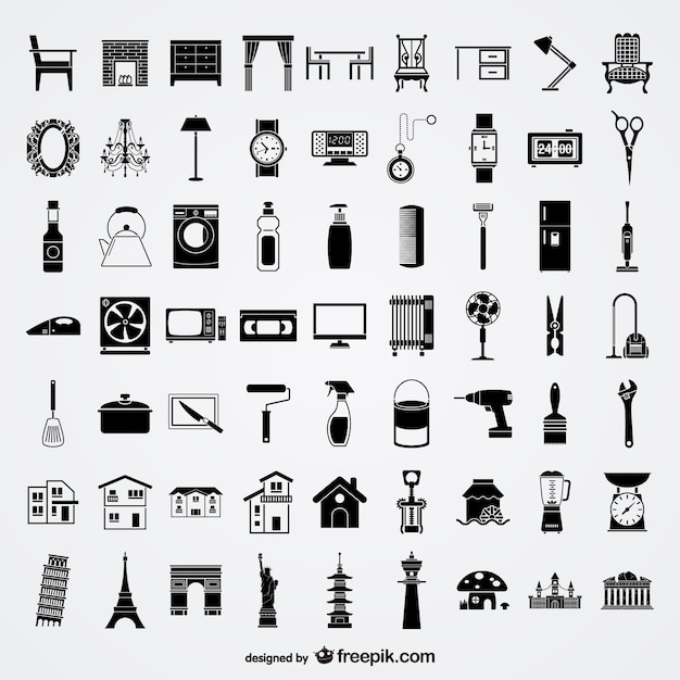Daily life and monuments black icon set