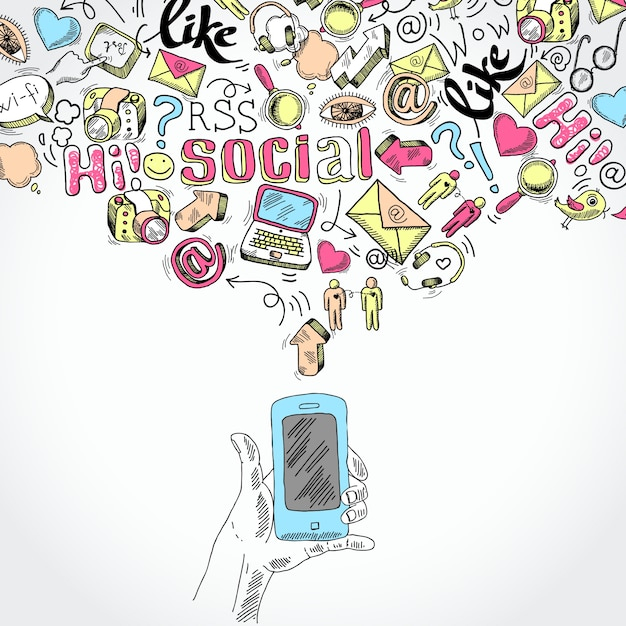 Doodle hand holding mobile smartphone with blog social media and communication applications symbols vector illustration