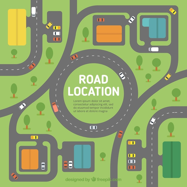 Flat background of road map with vehicles and trees