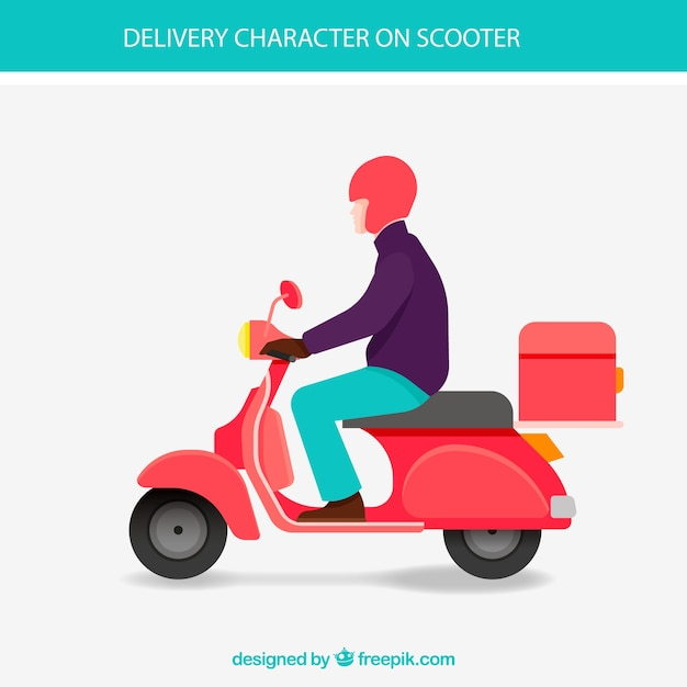 Flat delivery man on vintage scooter