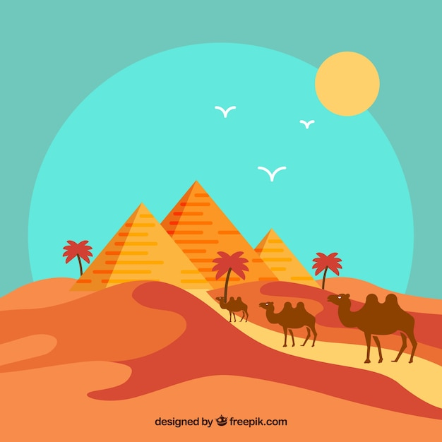 Flat egypt pyramids landscape with camel caravan