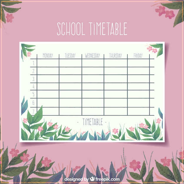 Floral pink school timetable template