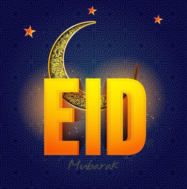  Glowing 3D text Eid with Creative Crescent Moon and stars for Islamic Holy Festival celebration concept. 