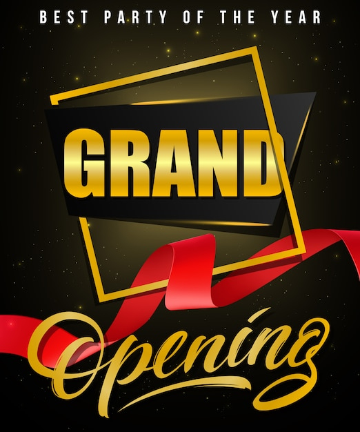 Grand opening, best party of the year festive poster with gold frame and red waved ribbon
