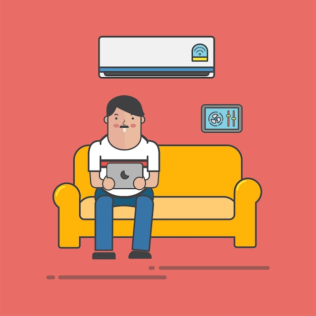 Guy using is tablet on the couch vector