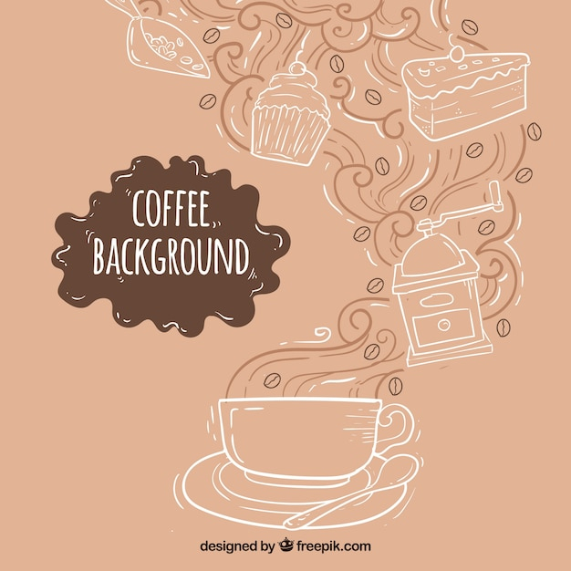 Hand-drawn background with coffee cup and sweets