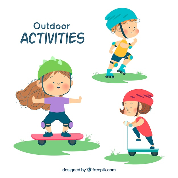 Hand drawn characters doing open air leisure activities