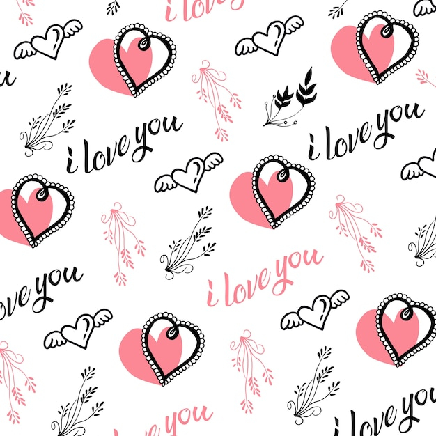 Hand Drawn Valentine Hearts and Leafs Background
