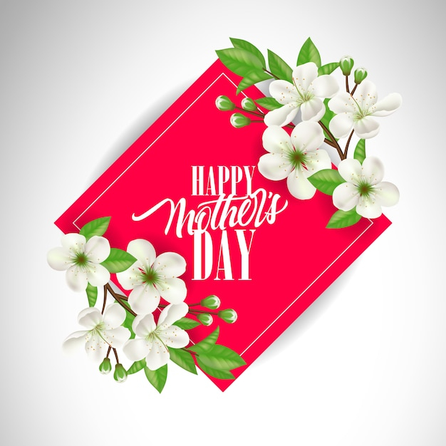 Happy Mother Day lettering on red square frame with flowers. Mothers Day greeting card