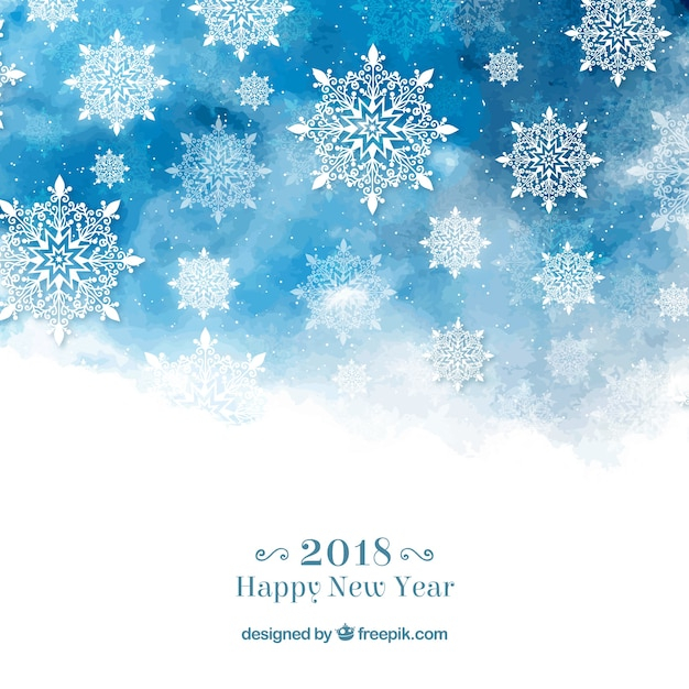 Happy new year background with snowflakes in blue watercolour