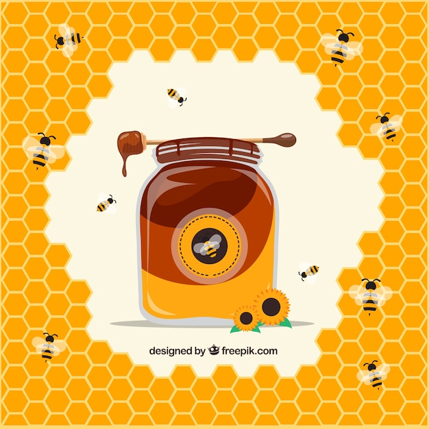 Honey jar with hive and bees background