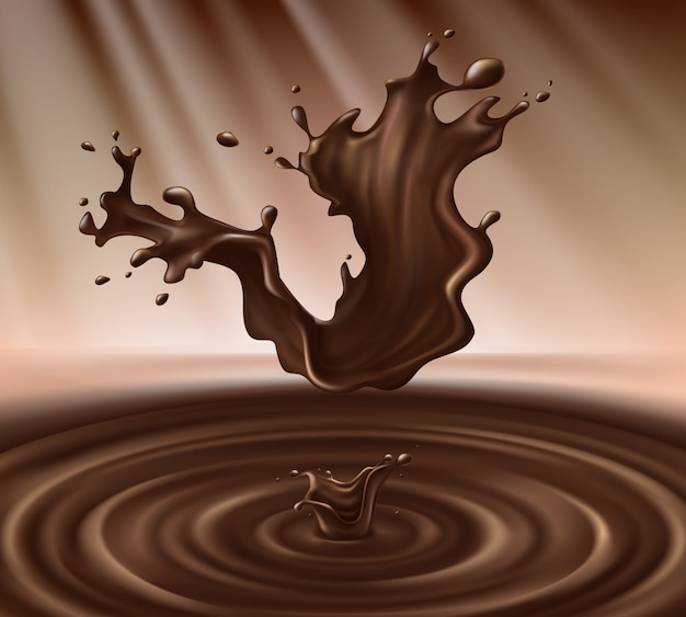Hot chocolate splash, liquid cacao or coffee with drops, blobs, blots.