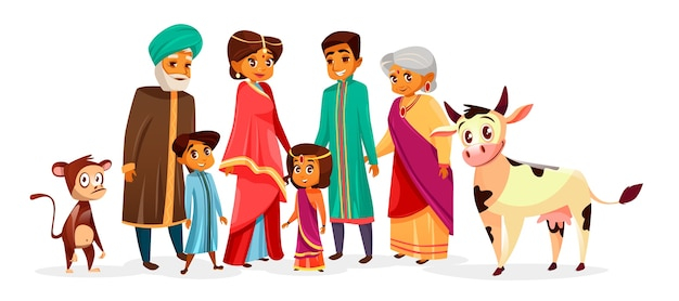 Indian family of people in Hindu national clothes. Cartoon Indian characters