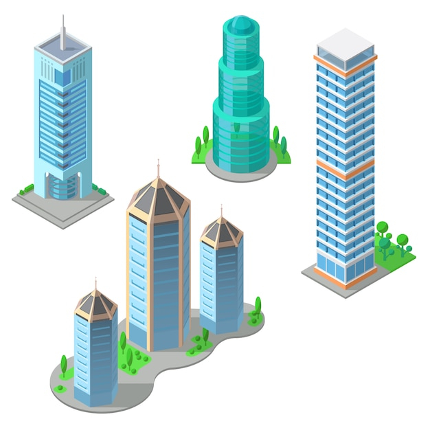 isometric set of modern buildings, urban skyscrapers, high business towers