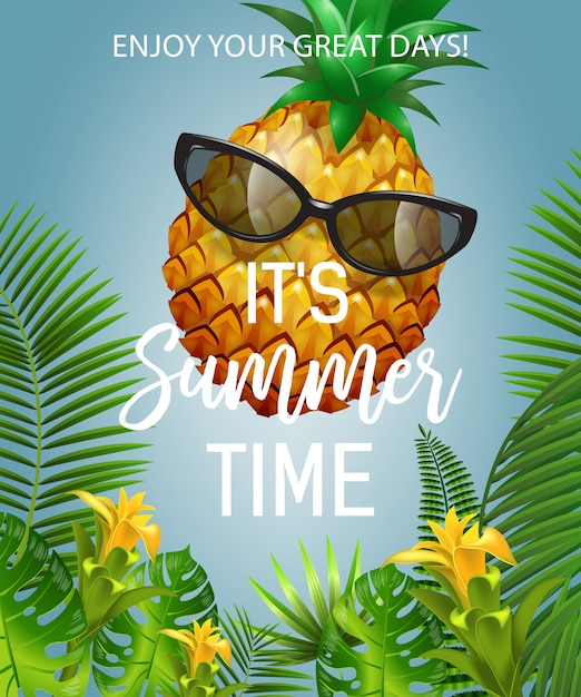 It is summer time lettering with pineapple in sunglasses. Summer offer 