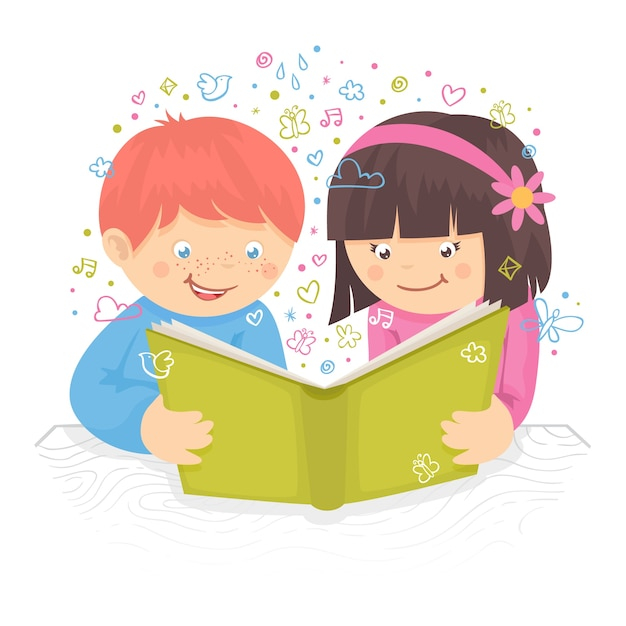 Kids boy and girl reading the book on table poster vector illustration