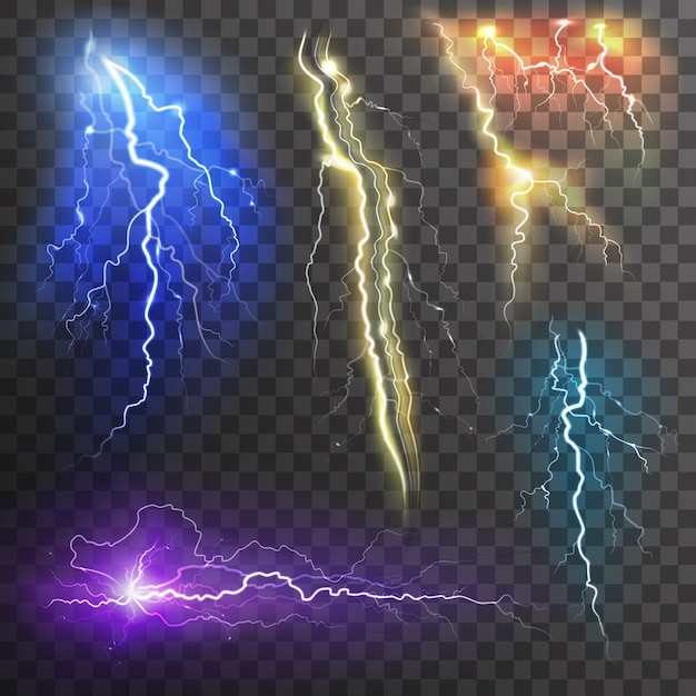 Lightning transparent set in different colors realistic 