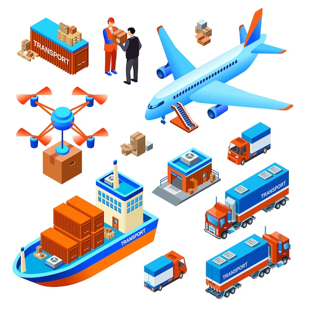 Logistics delivery transport cargo ship or freight airplane and drone delivering