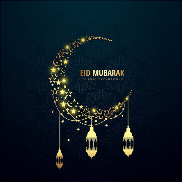 Luxury eid mubarak background with moon and lanterns